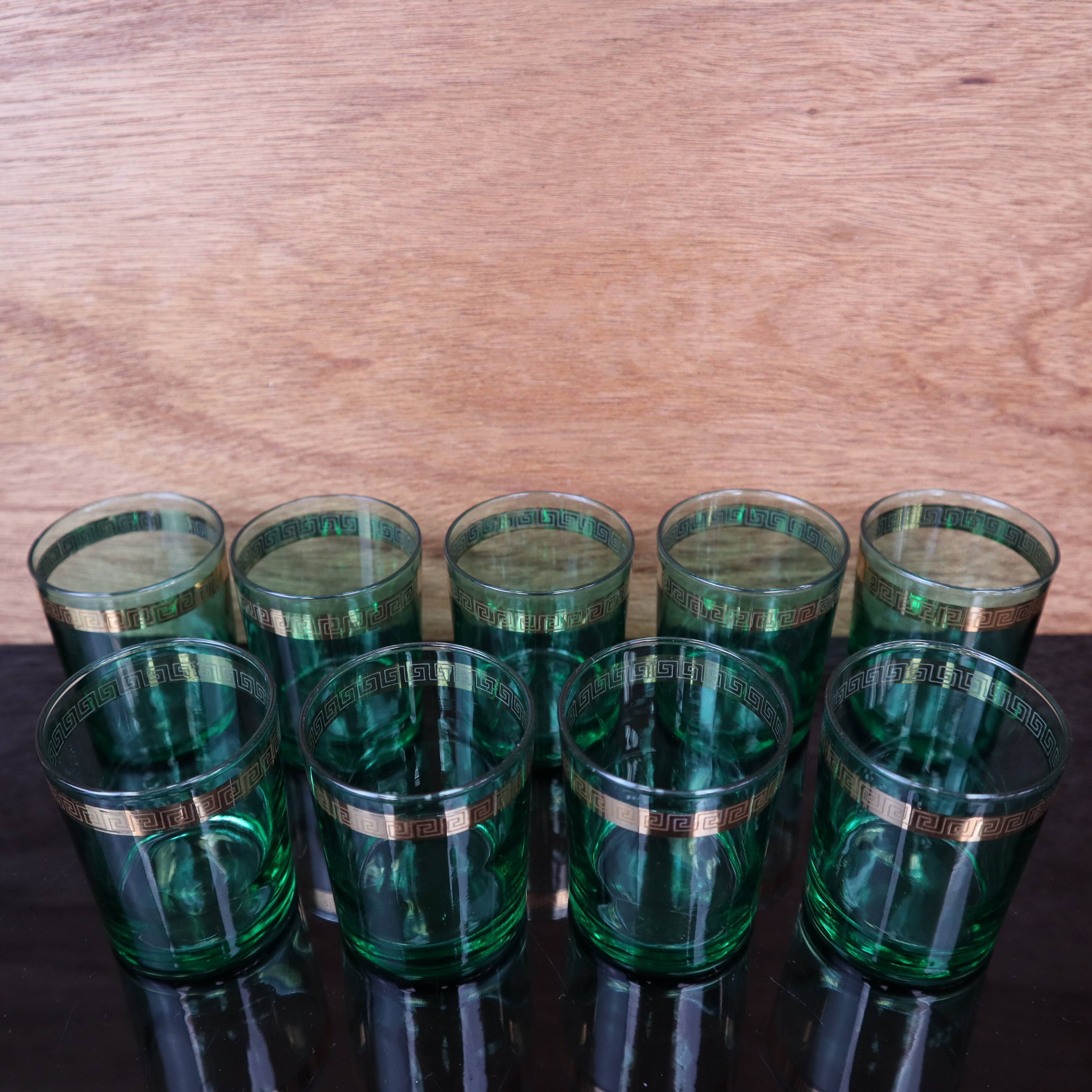 9 verres à apéritif vert émeraude et doré Luminarc France