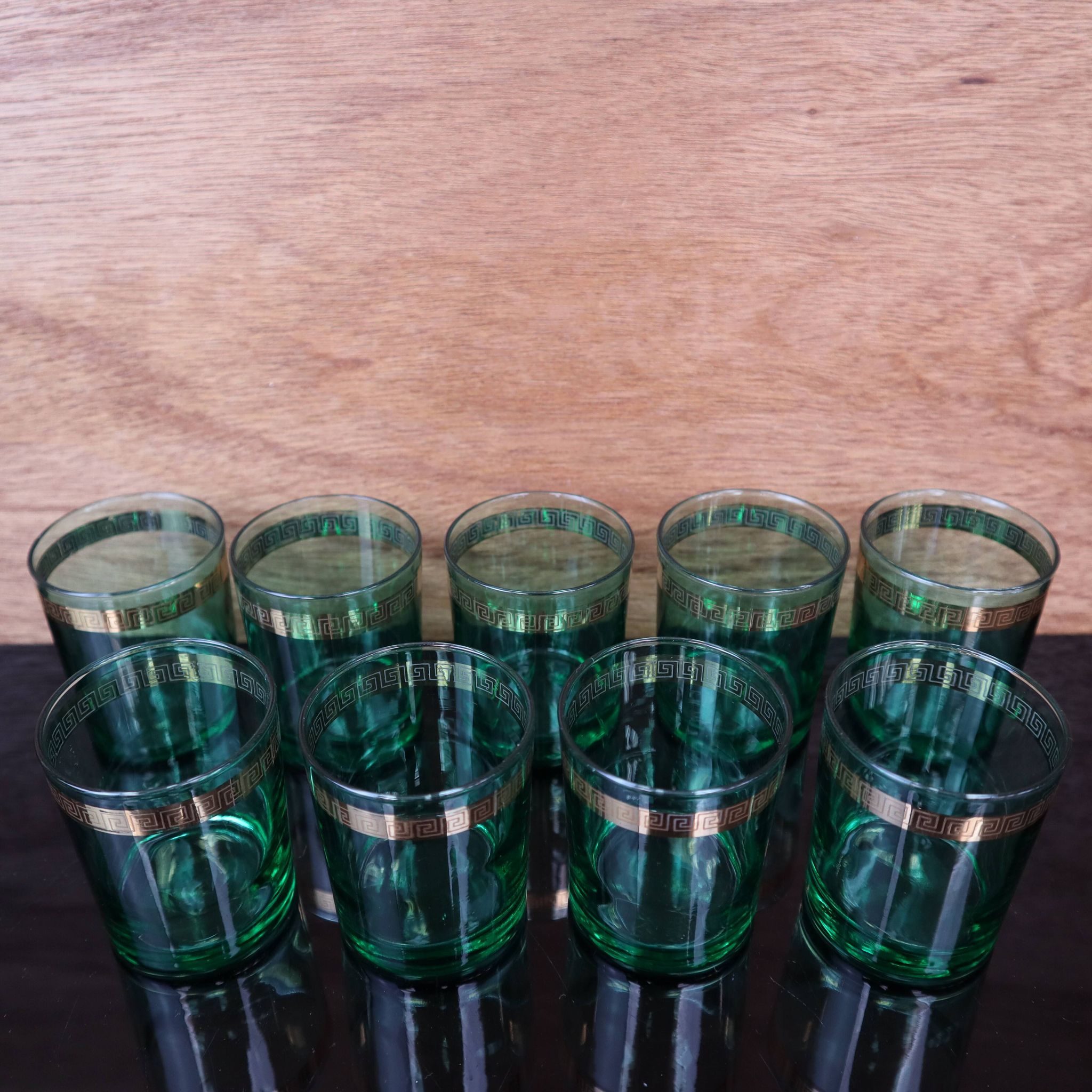 9 verres à apéritif vert émeraude et doré Luminarc France