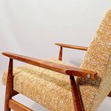 Scandinavian armchair and foot rest yellow mellow Boho upholstery fabric