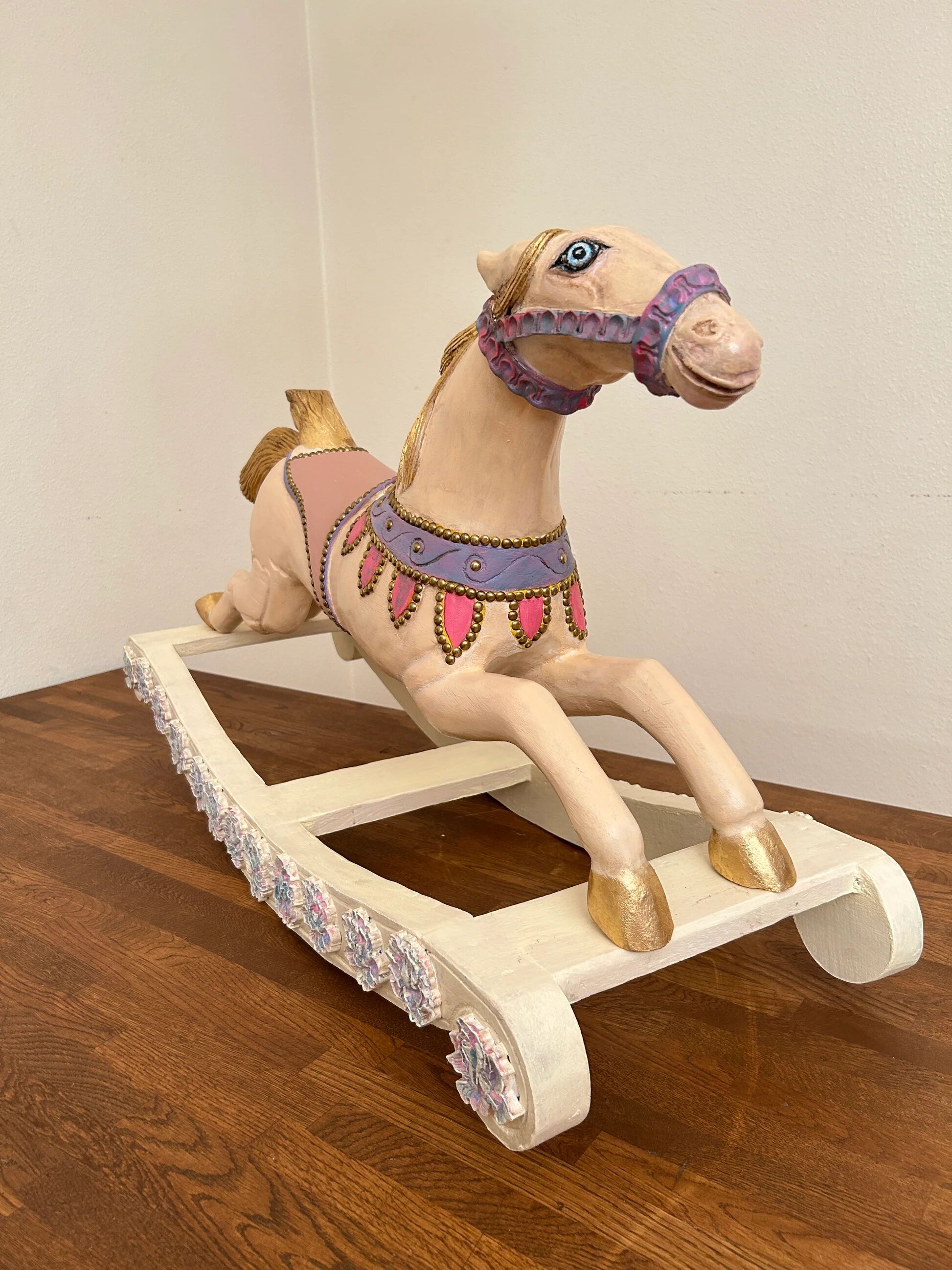 Hand-painted antique rocking horse – pastel nursery decor, heirloom toy