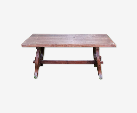 Table basse brutaliste vintage en chêne massif chevillée, vers 1950