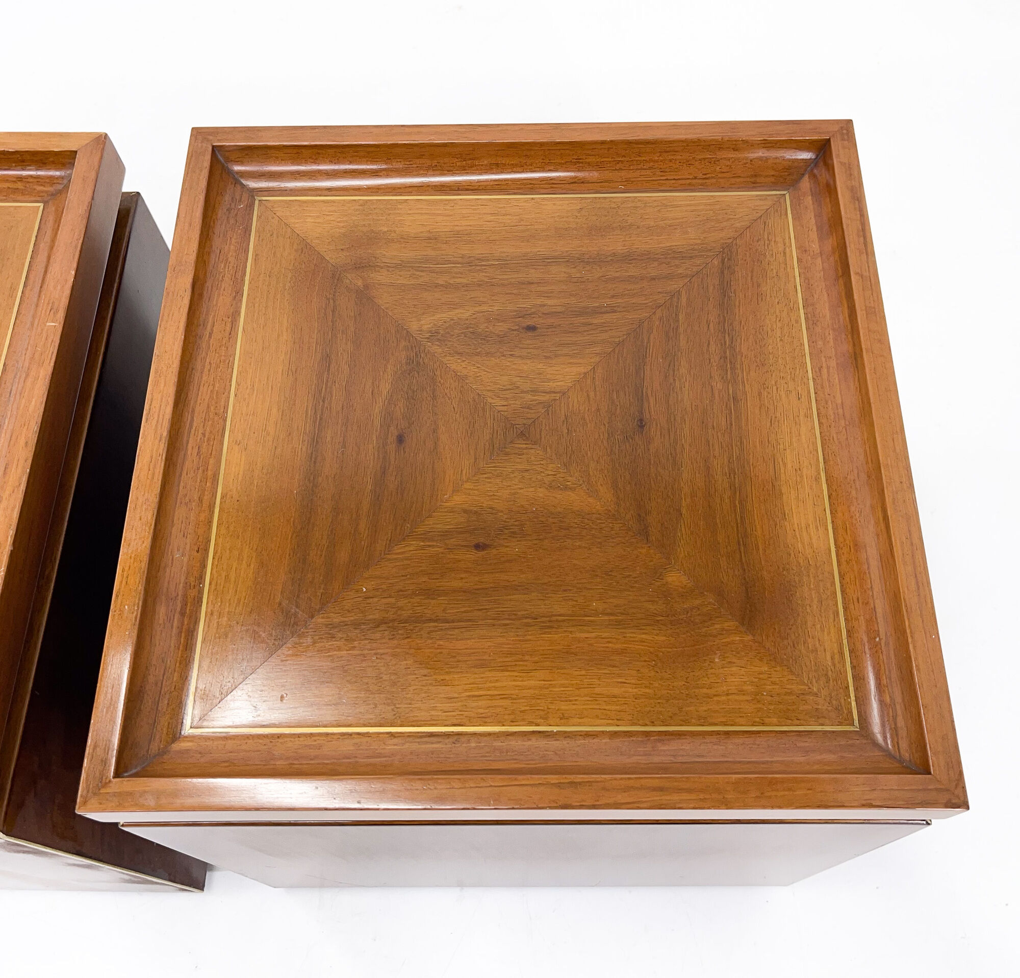 Set of walnut veneer side or night tables with brass detail, Italy 1950s