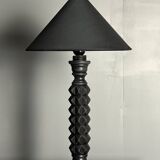 Brutalist wood turned ebonized table lamp in the style of Charles Dudouyt