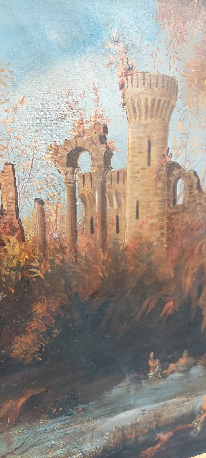 Old oil painting on canvas landscape with ruins and figures 121x98 cm