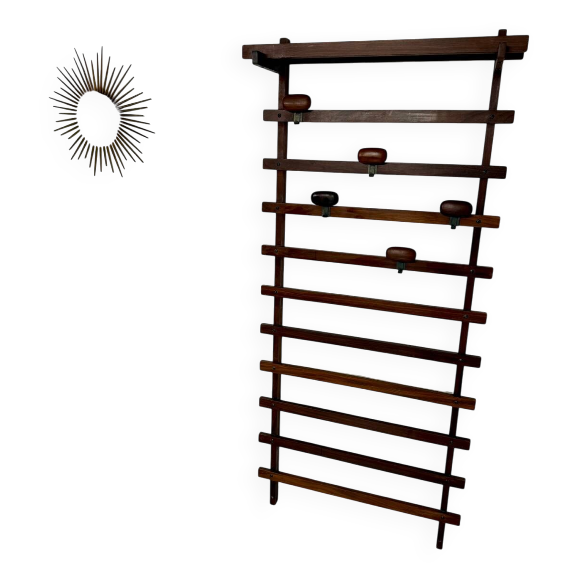 Antique Italian design wall coat rack Ezhio Longhi / Elam vintage teak