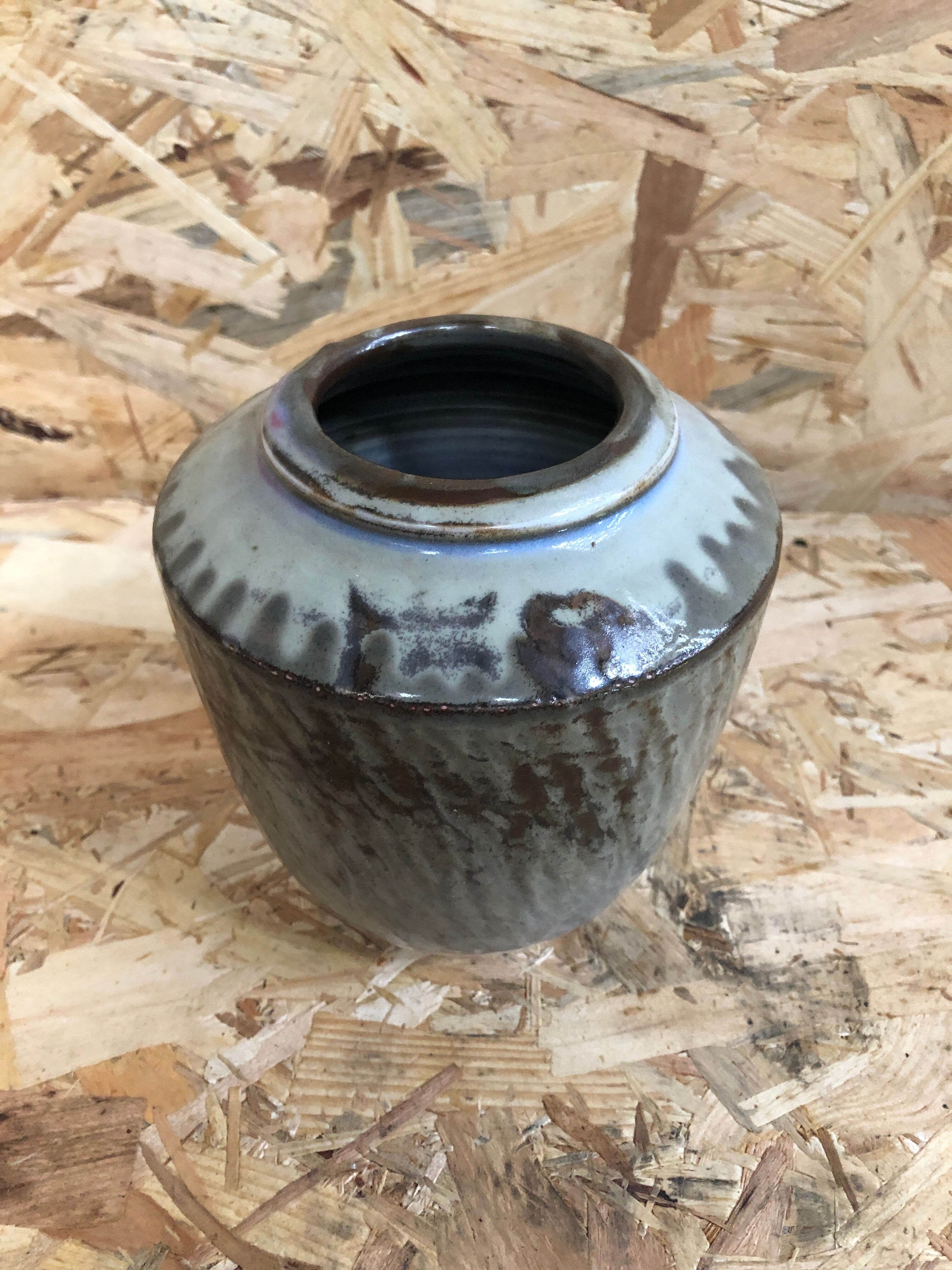 Old Ceramic Vase White Brown Grey 70s Signature Vintage