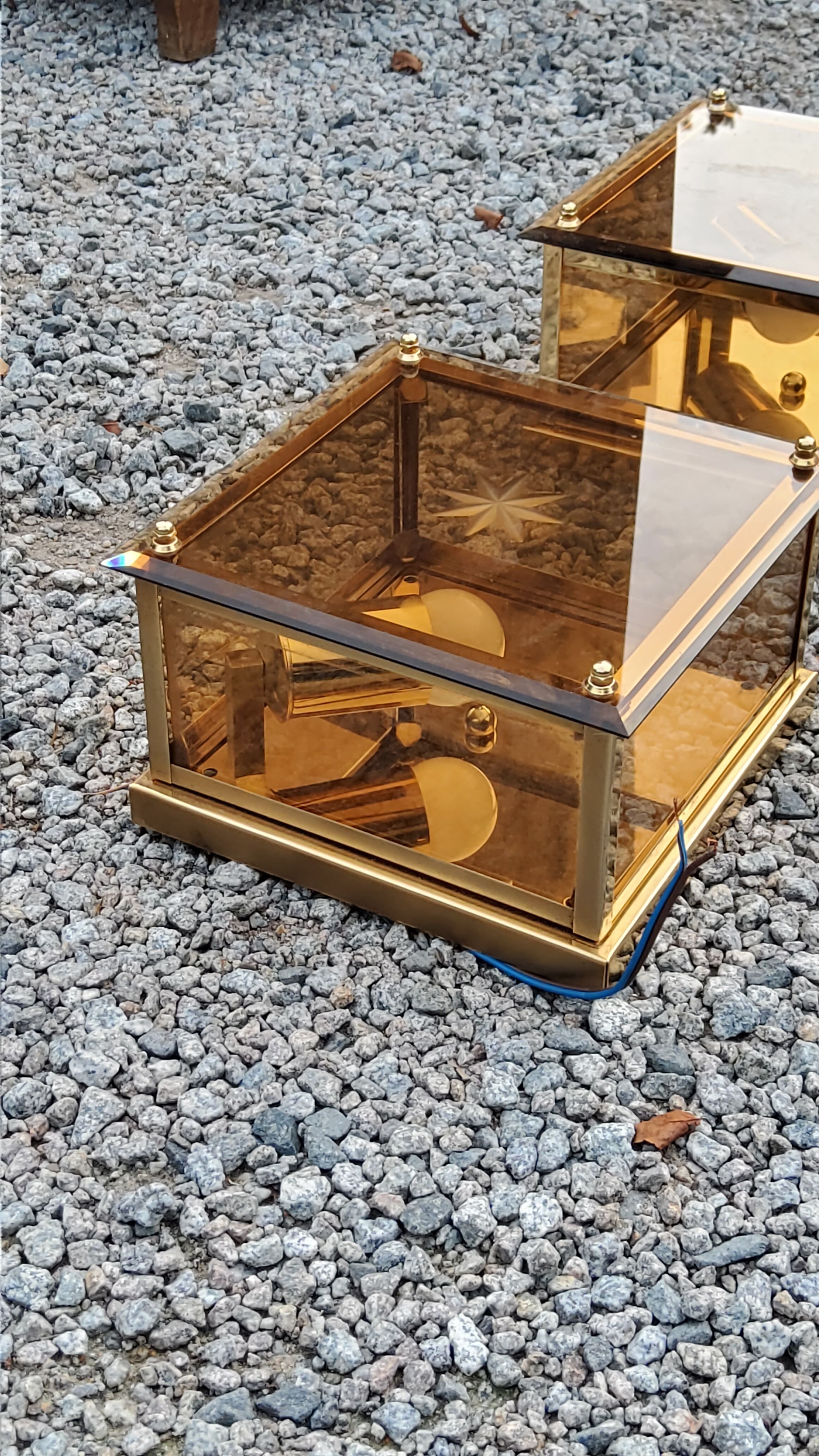 Pair of wall lamps in smoked glass and gilded metal from the 70s/80s