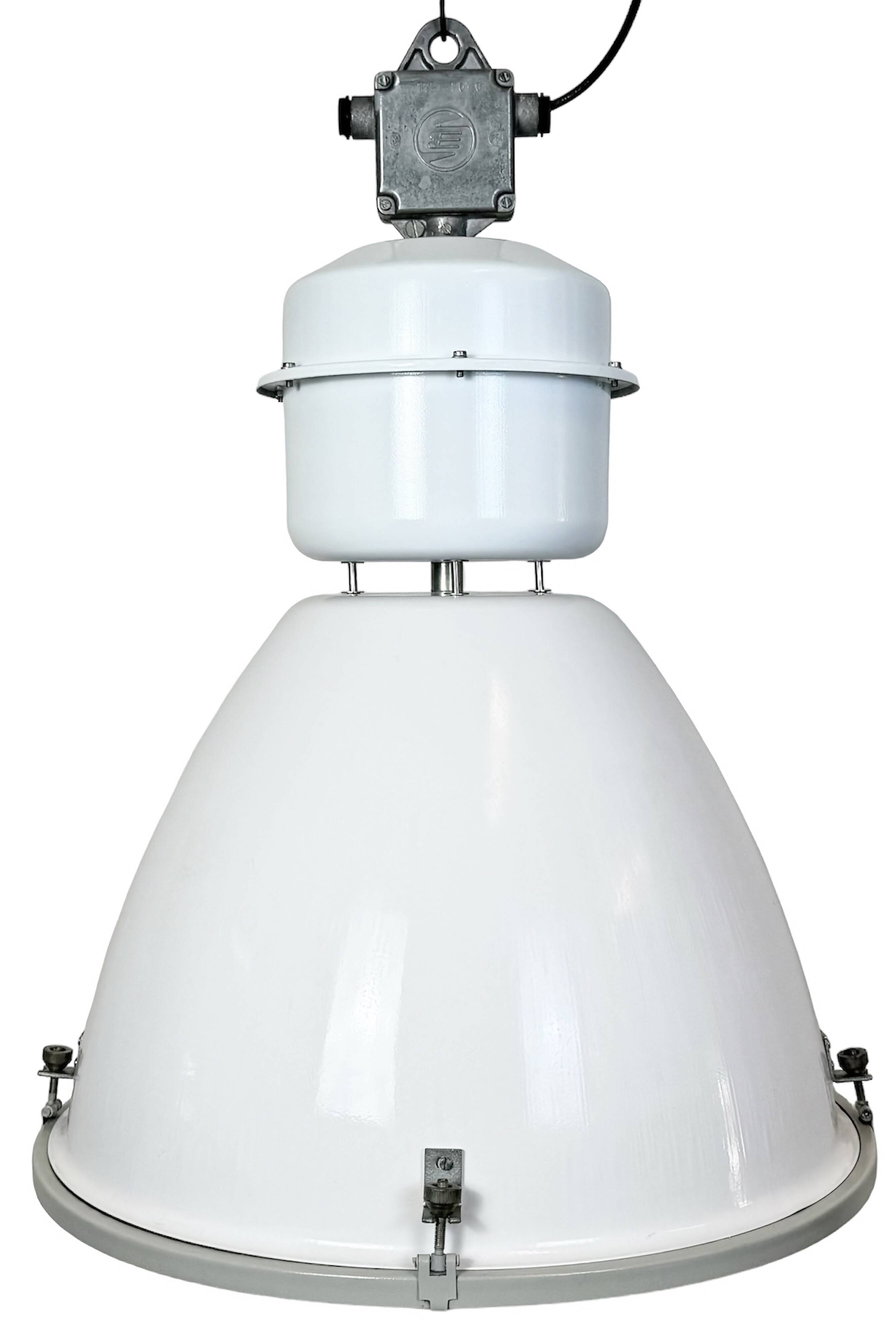 Large White Enamel Industrial Factory Lamp with Glass Cover, 1990s