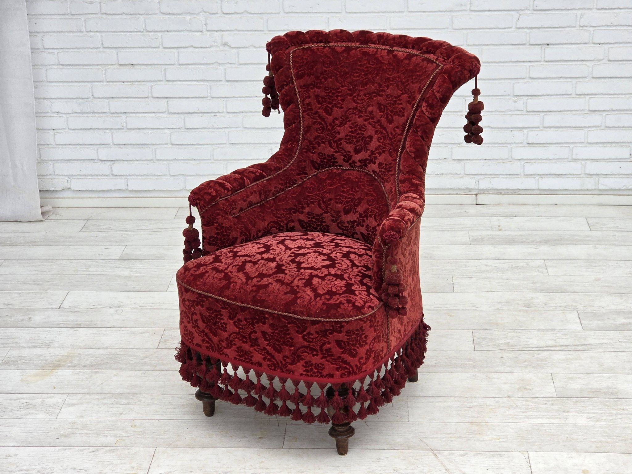 1950s, Danish armchair, furniture velour, beech wood legs.