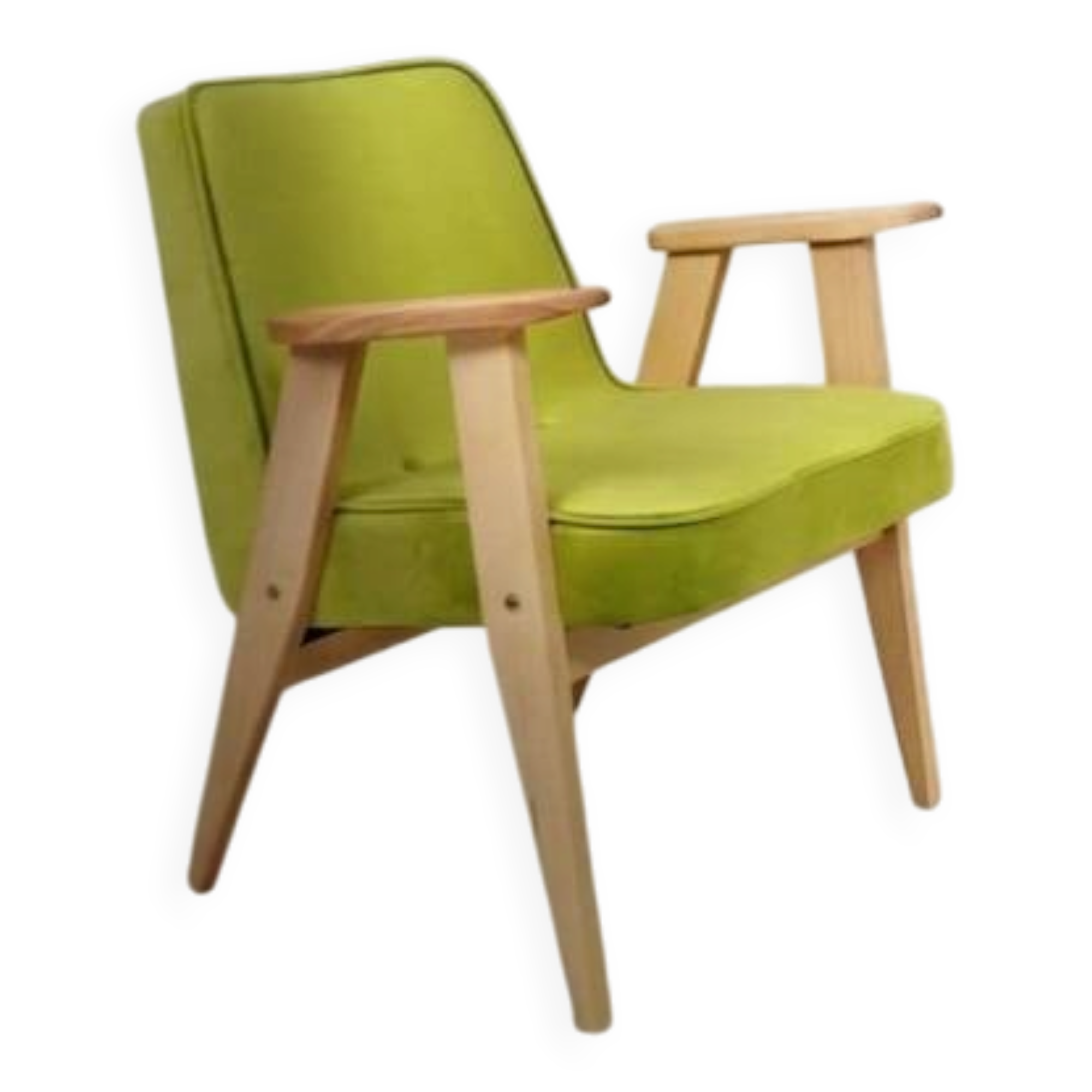 Fauteuil vintage en velours vert poire, bois naturel huilé.