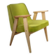 Fauteuil vintage en velours vert poire, bois naturel huilé.