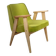 Fauteuil vintage en velours vert poire, bois naturel huilé.