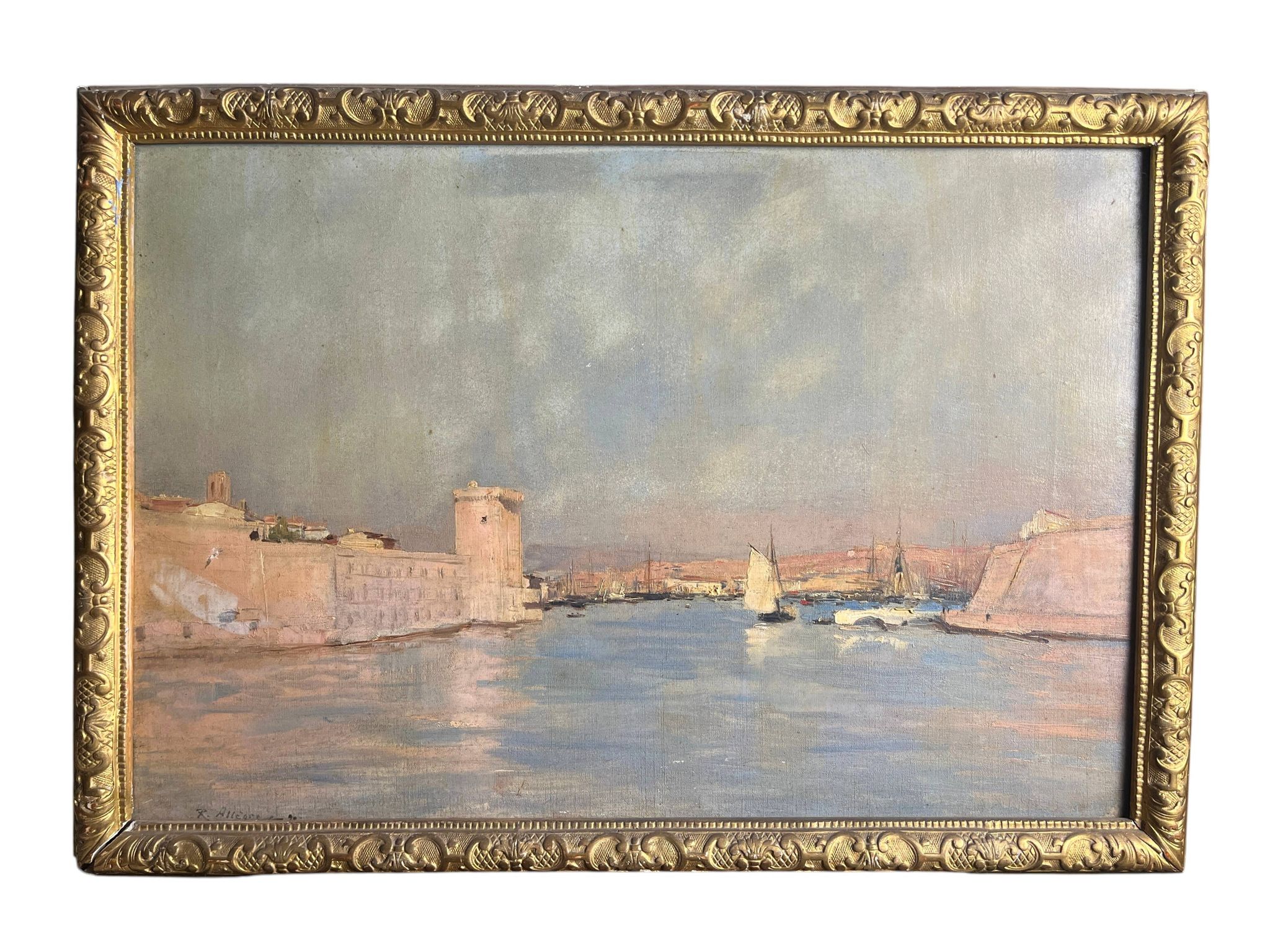 Allegre raymond, oil on canvas port of marseille signed dated 19th century