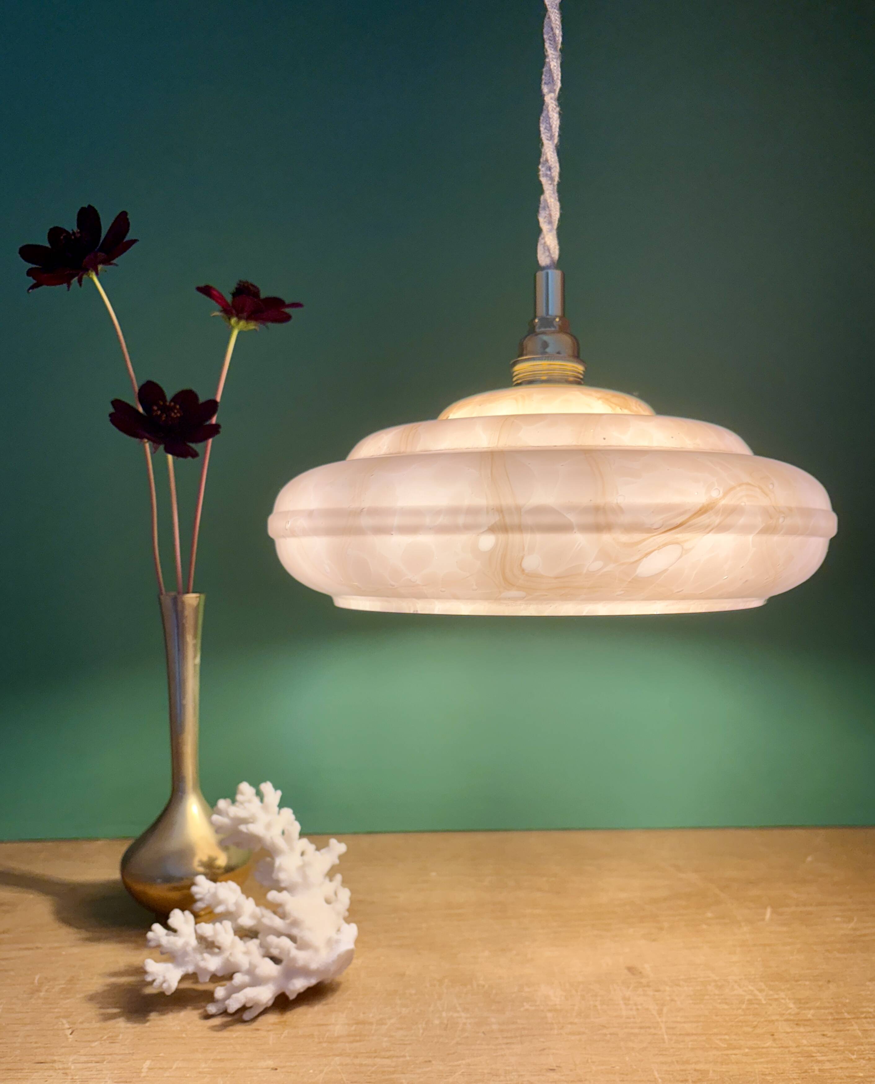Vintage pink Clichy glass pendant lampshade with marbled effect