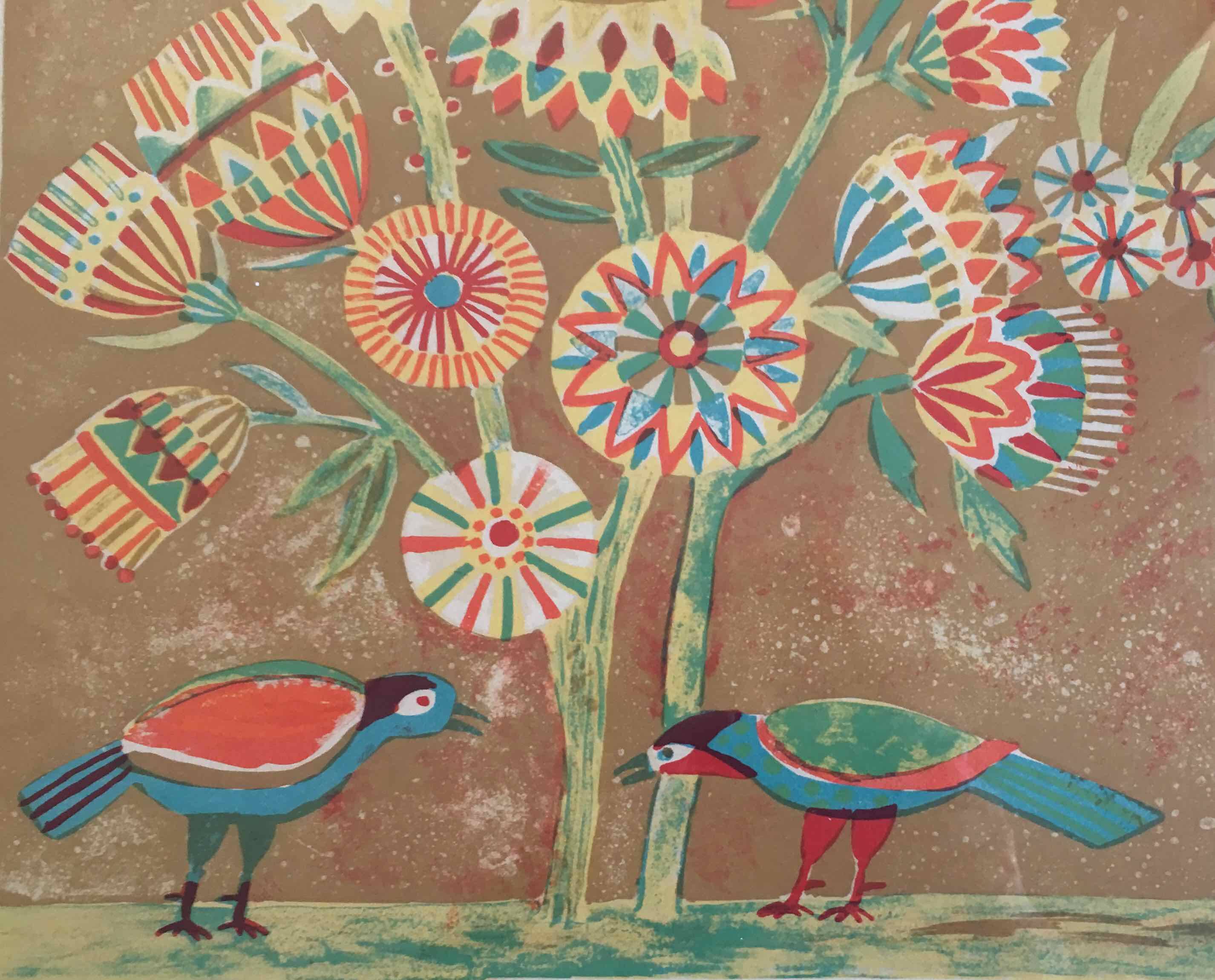 Lithograph signed Jacques Margerin The tree with flowers and birds 1960-70
