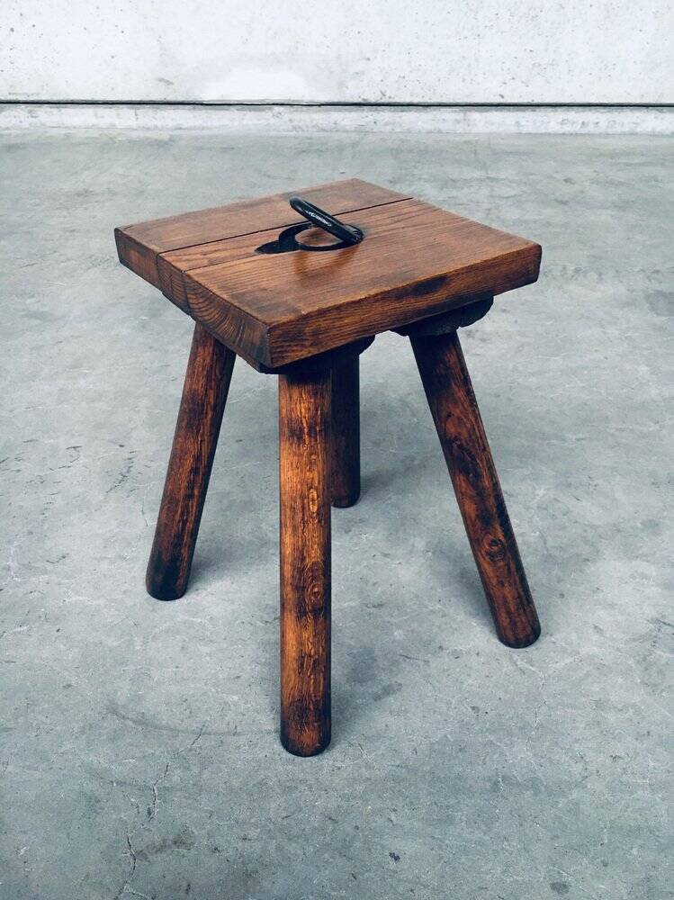 Brutalist Oak Stool, Belgium, 1950s
