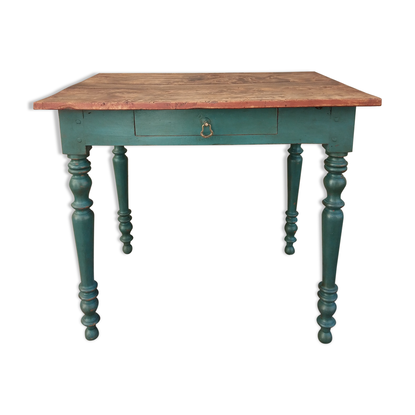 Old side table, desk, 1 drawer, blue patina aubusson