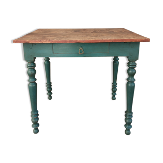 Ancienne table d'appoint, bureau, 1 tiroir, patine bleu aubusson