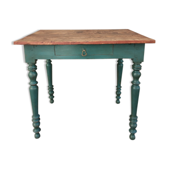 Old side table, desk, 1 drawer, blue patina aubusson
