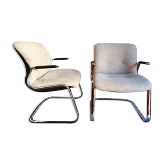Armchairs with Steelcase armrests in chrome-plated metal and wool fabric 70s