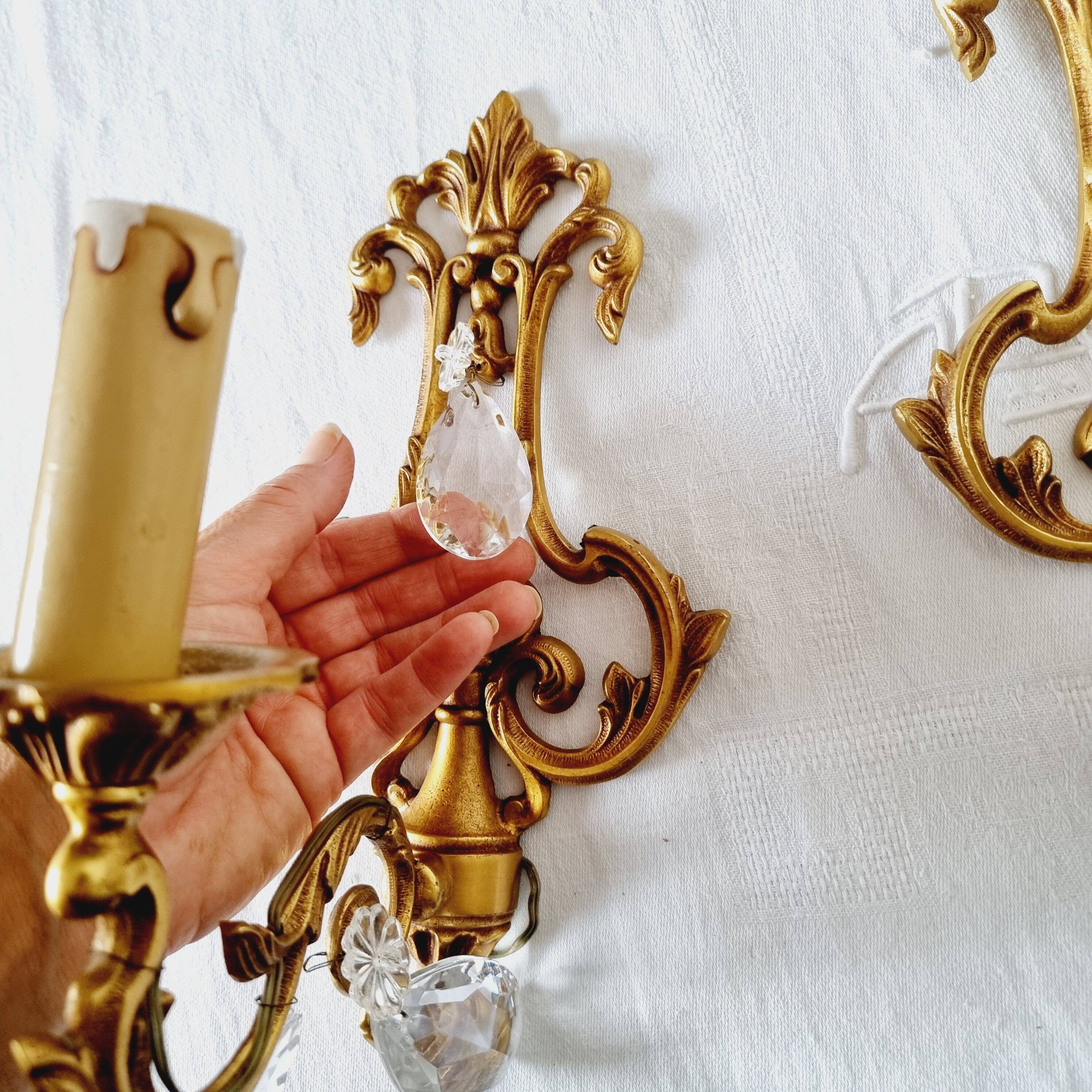 2 antique bronze and rock crystal candles and one light sconces in classic style