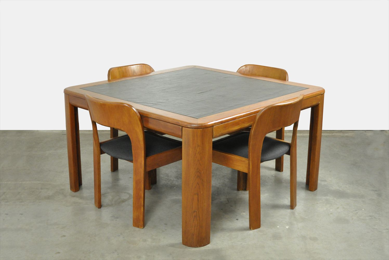 Vintage dining table set with plywood chairs and wooden table with slate inlay, 70s