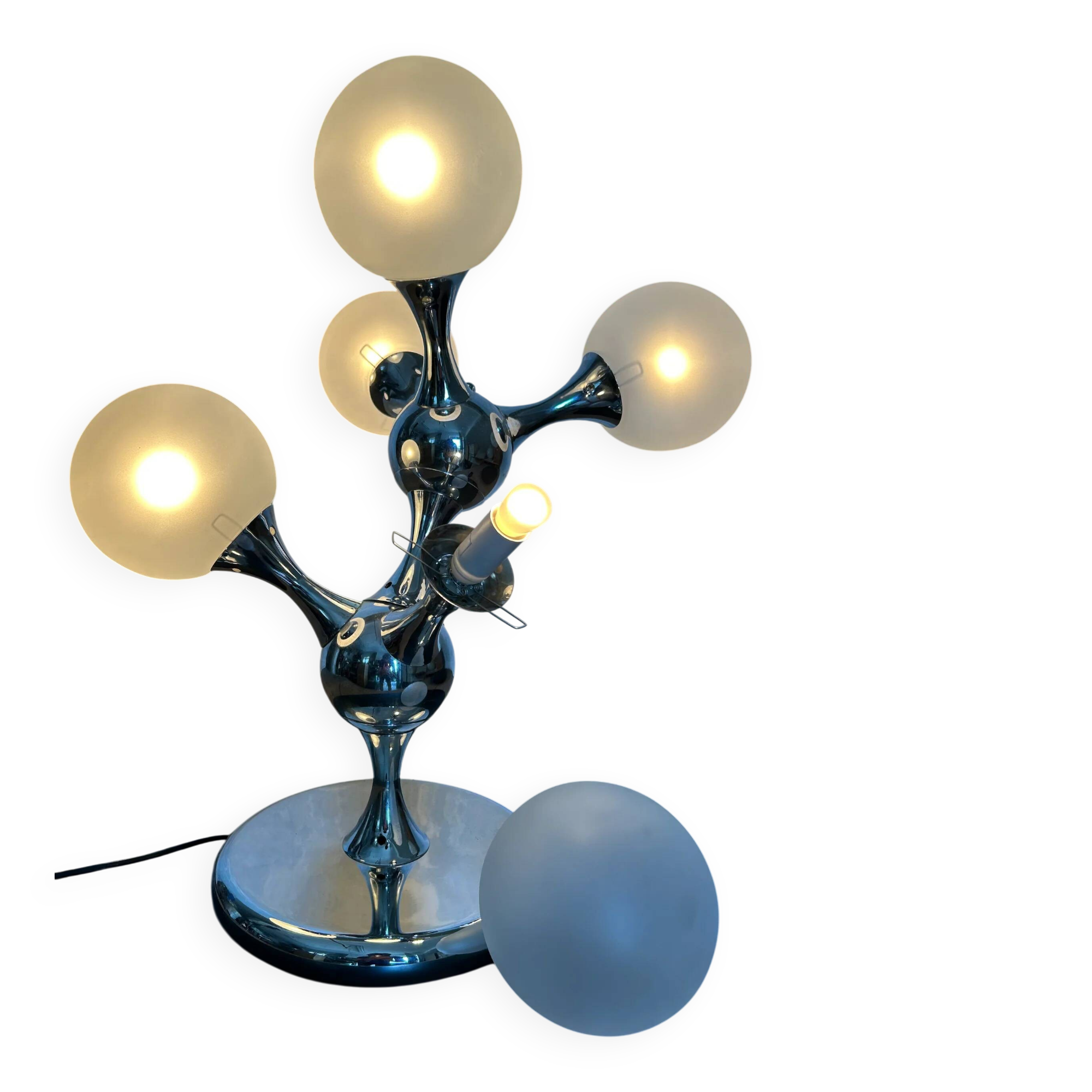 Unique table lamp with a chrome frame and opaque glass globes, 1970s, Space Age, Atomic Age, Sputnik