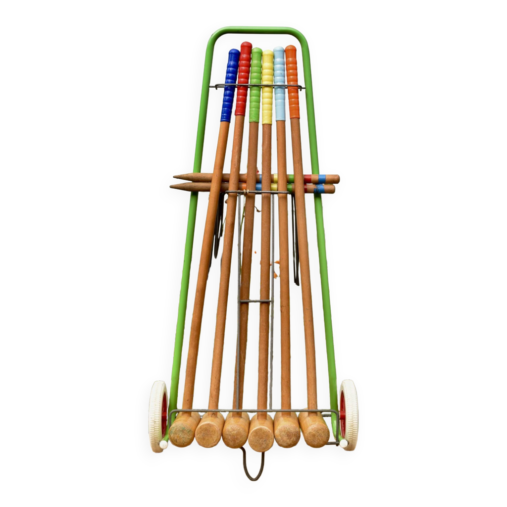 Ancien grand jeu de croquet en bois chariot métallique 1970 Selency