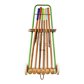 Ancien grand jeu de croquet en bois - chariot métallique - 1970