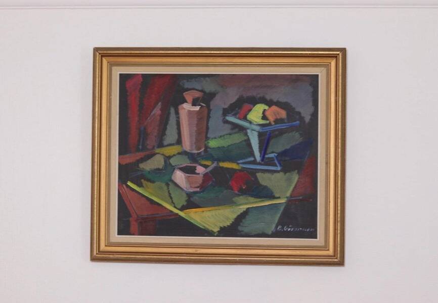 Original mid-century Swedish oil on canvas – “Kubisk Still Life” by Bror Göransson – vintage & framed – 75 × 64 cm (29.5" × 25.2")