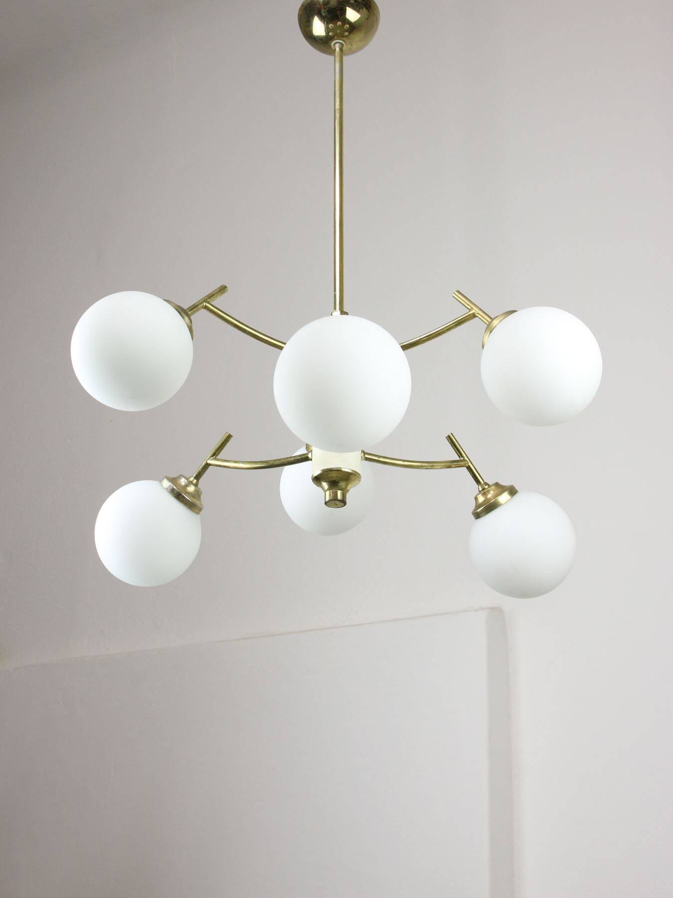 Mid-century Italian Brass and Opaline Chandelier, 50s