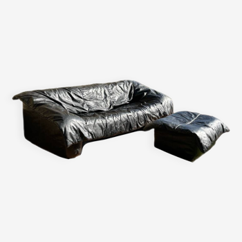Flou Flou sofa in full grain black leather, Ligne Roset, De Pas, D'urbino, Lomazzi (1988)