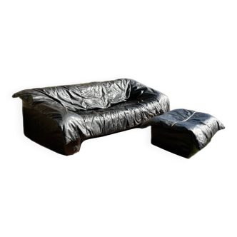 Flou Flou sofa in full grain black leather, Ligne Roset, De Pas, D'urbino, Lomazzi (1988)