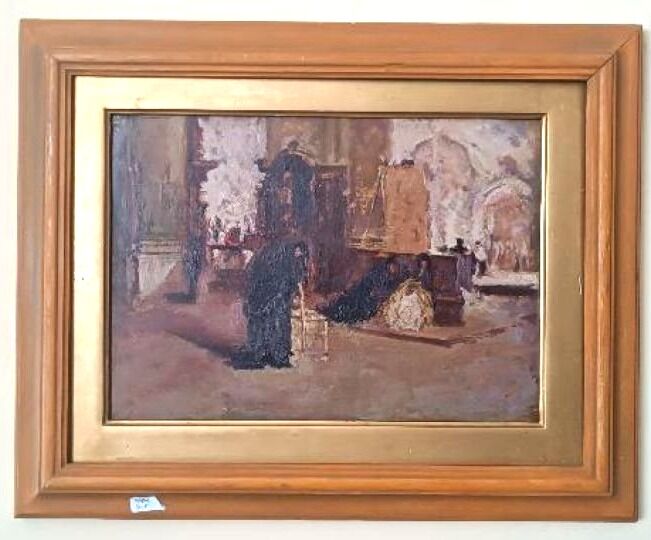 Oil on panel - early 20th century - interior of a church