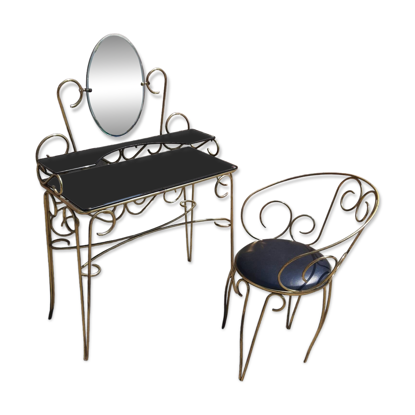 Dressing table and chair in gilded metal and opaline glass.
