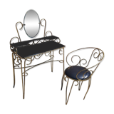 Dressing table and chair in gilded metal and opaline glass.