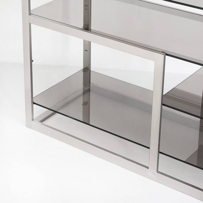 Vintage TV or HiFi cabinet. Brushed stainless steel and smoked glass. France, 1970s
