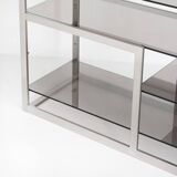 Vintage TV or HiFi cabinet. Brushed stainless steel and smoked glass. France, 1970s