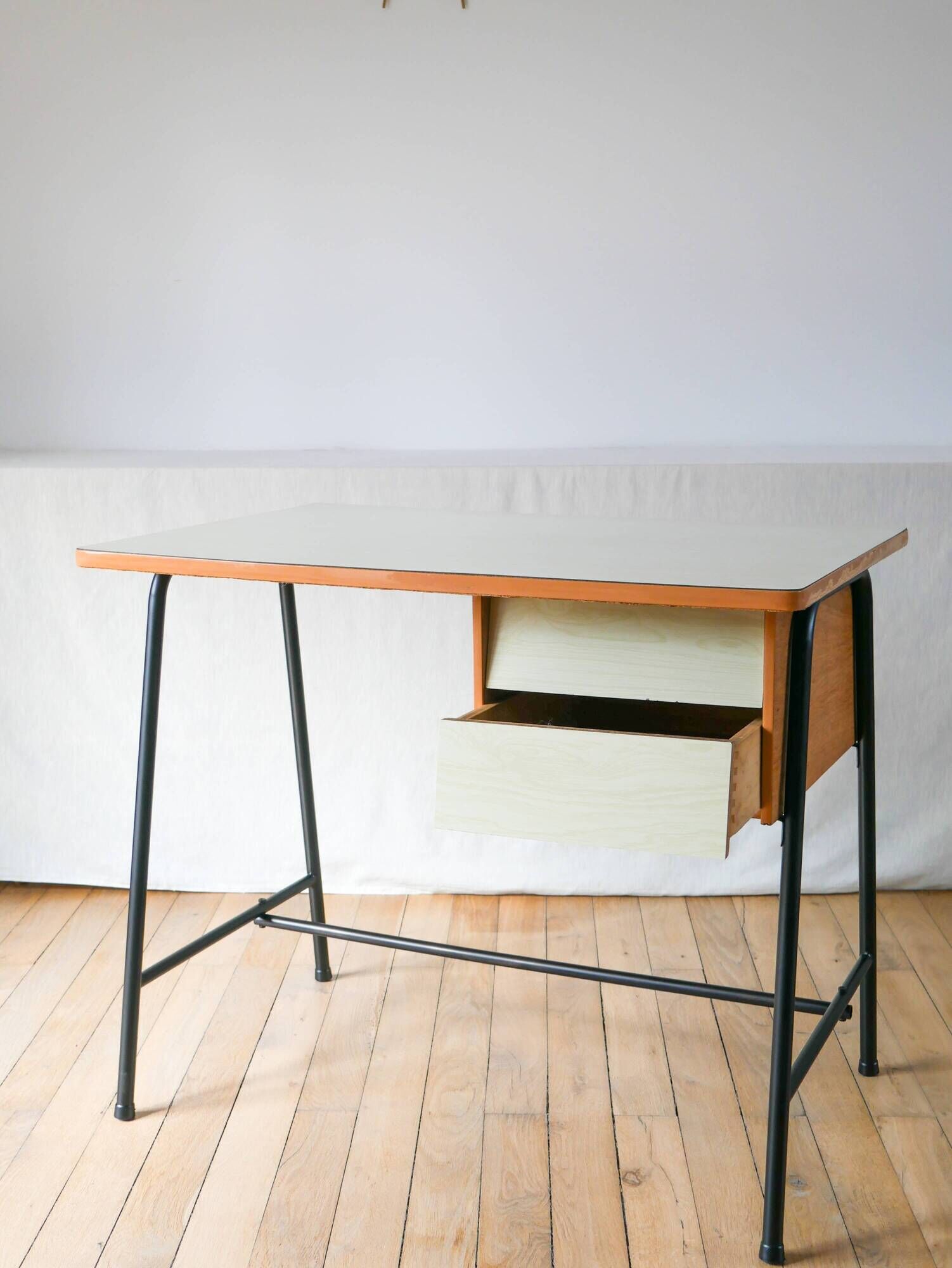 Formica, beech and black metal desk, Modernist Design, 1960