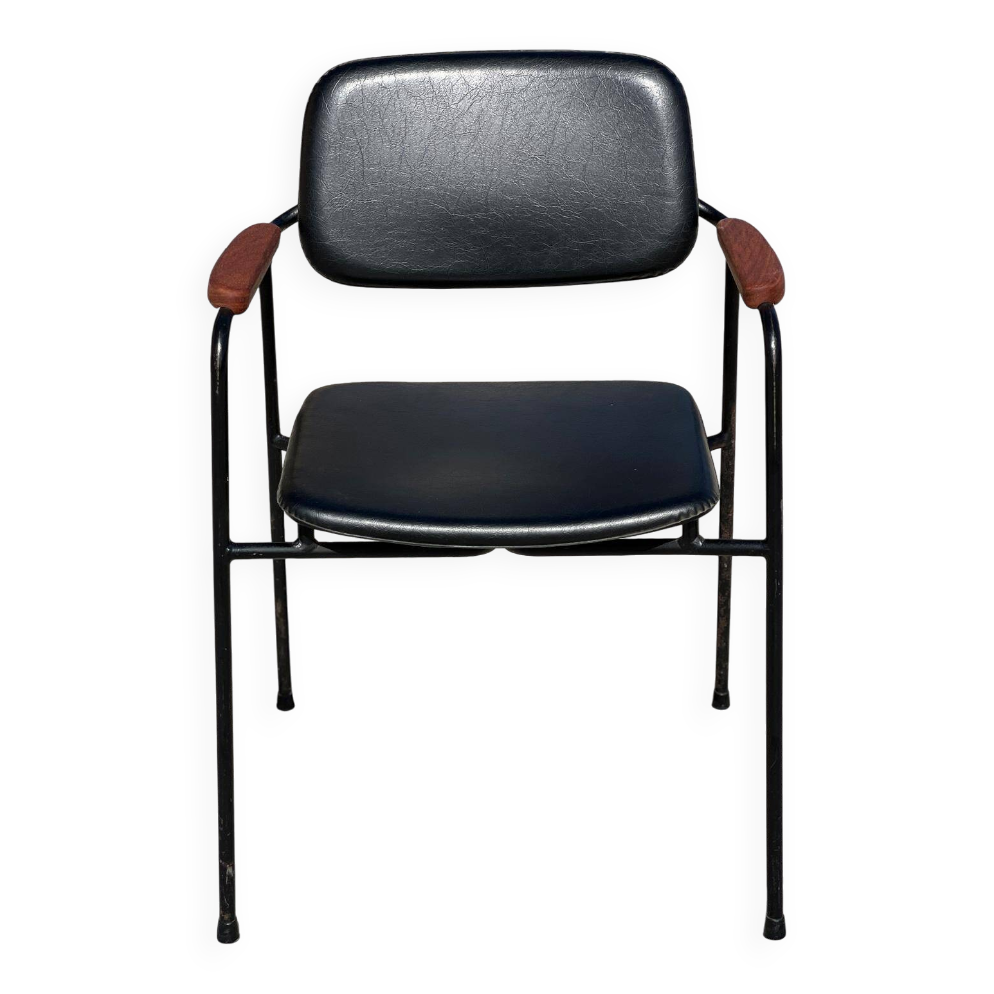 Vintage 1950s metal, oak and faux leather armchair