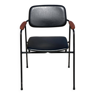 Fauteuil en métal, chêne et simili cuir vintage 1950
