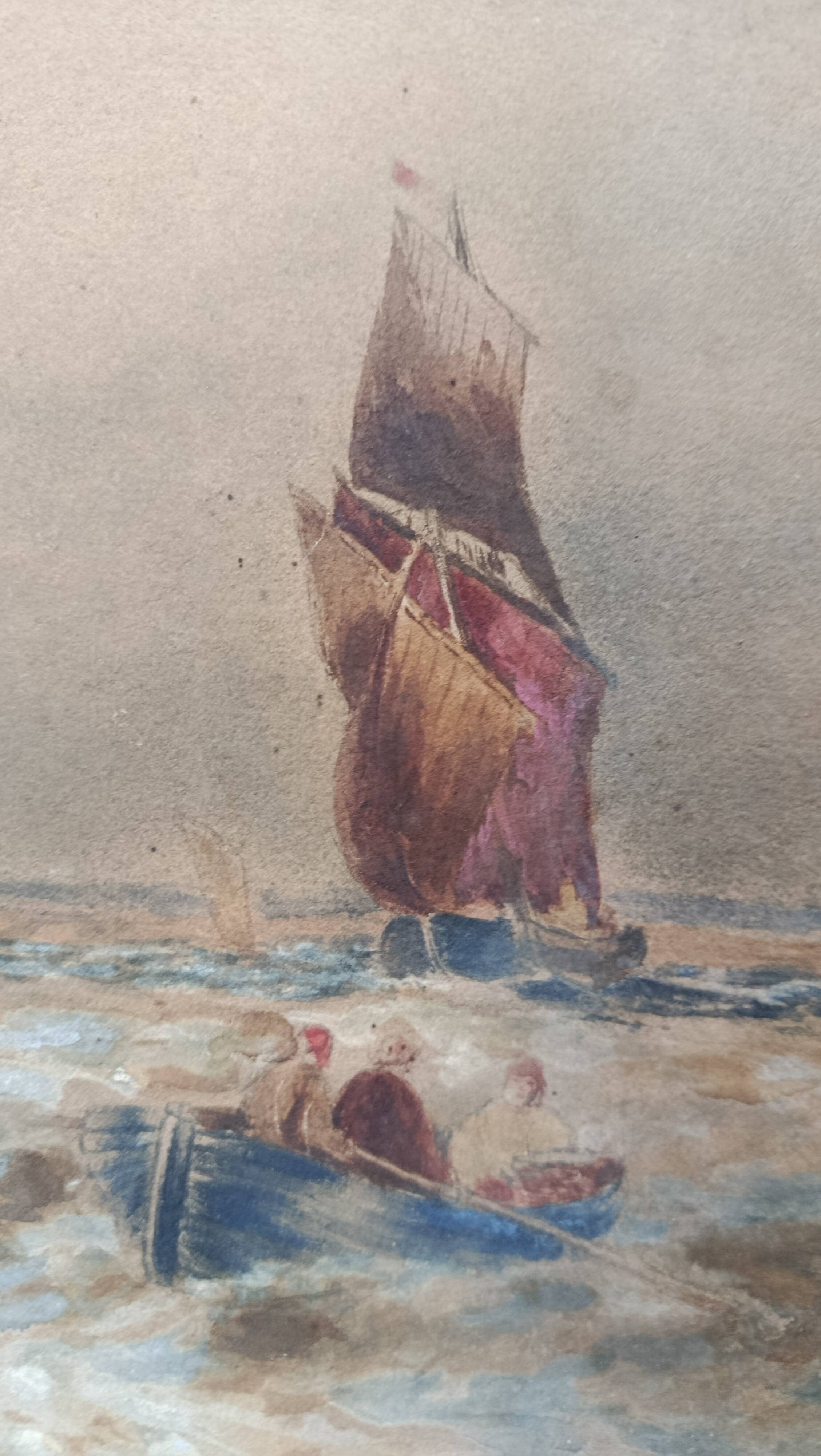 Marine watercolor 1890 by thomas bush hardy, sailing boats near the coast