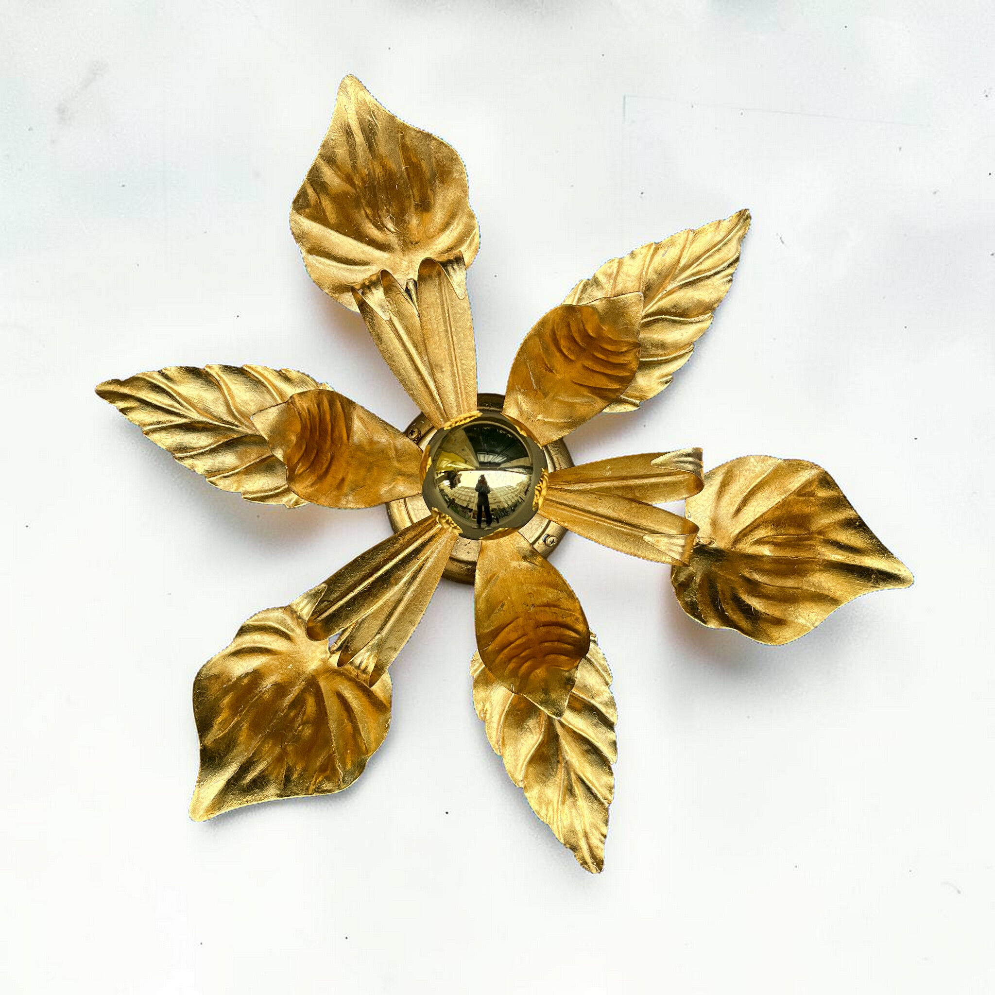 Vintage gold leaf metal flower ceiling light Florentine wall sconce