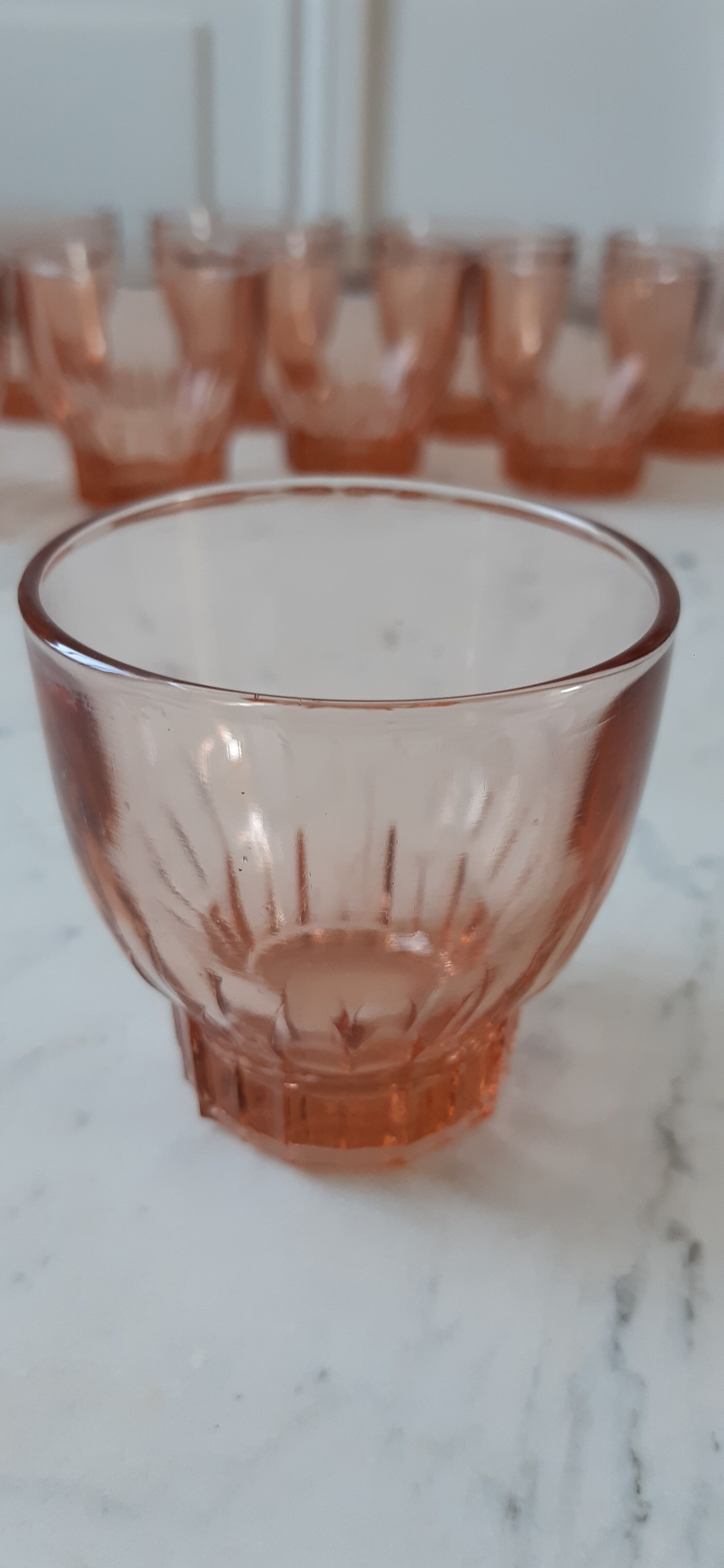 Set of 10 art deco pink glass wine/water glasses