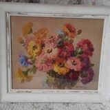 Shabby watercolor frame "Bouquet of zinnias" signed