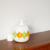 Suspension globe en opaline, à motifs psyché, blanc, vert et orange, 1970