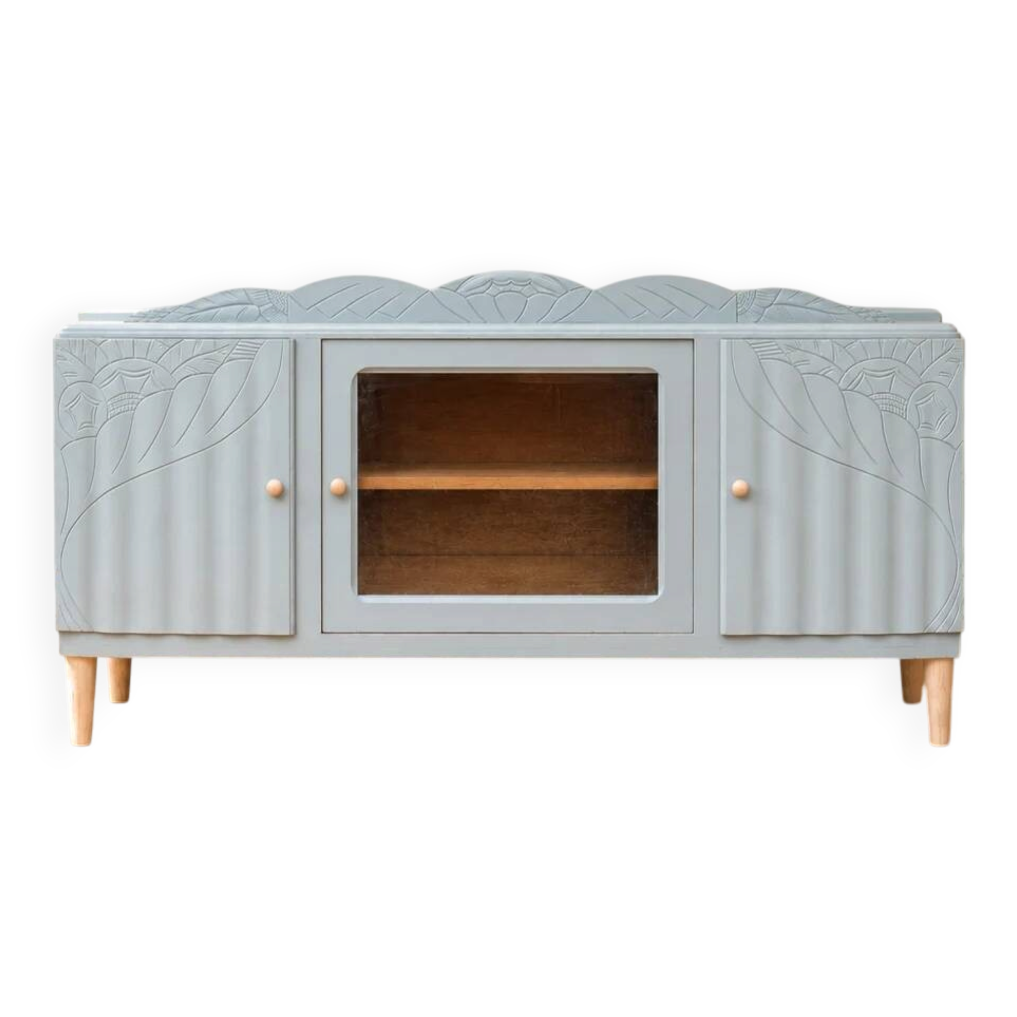 Art Deco sideboard renovated in blue-grey – Bevelled glass and wooden legs – 132.5 cm
