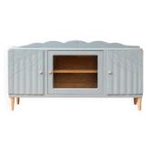 Buffet enfilade art déco rénové bleu gris – Vitre biseautée et pieds en bois – 132,5 cm