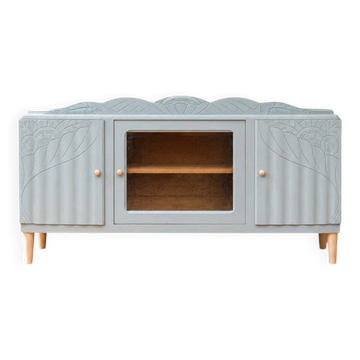 Buffet enfilade art déco rénové bleu gris – Vitre biseautée et pieds en bois – 132,5 cm