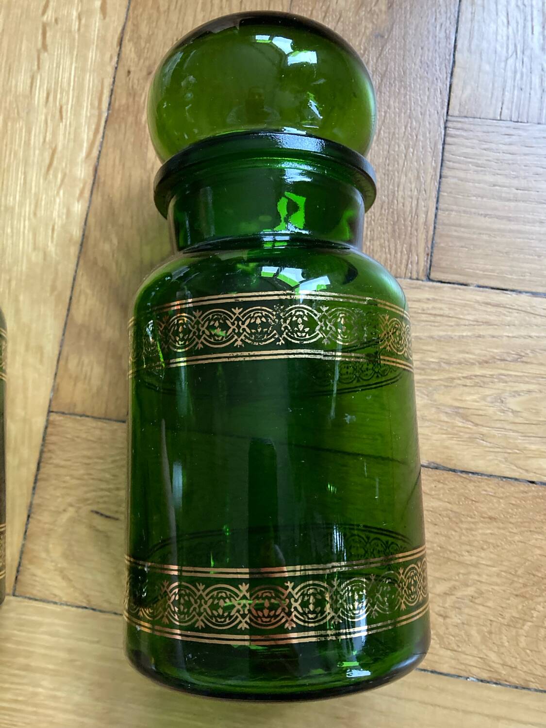 Vintage golden green apothecary jars